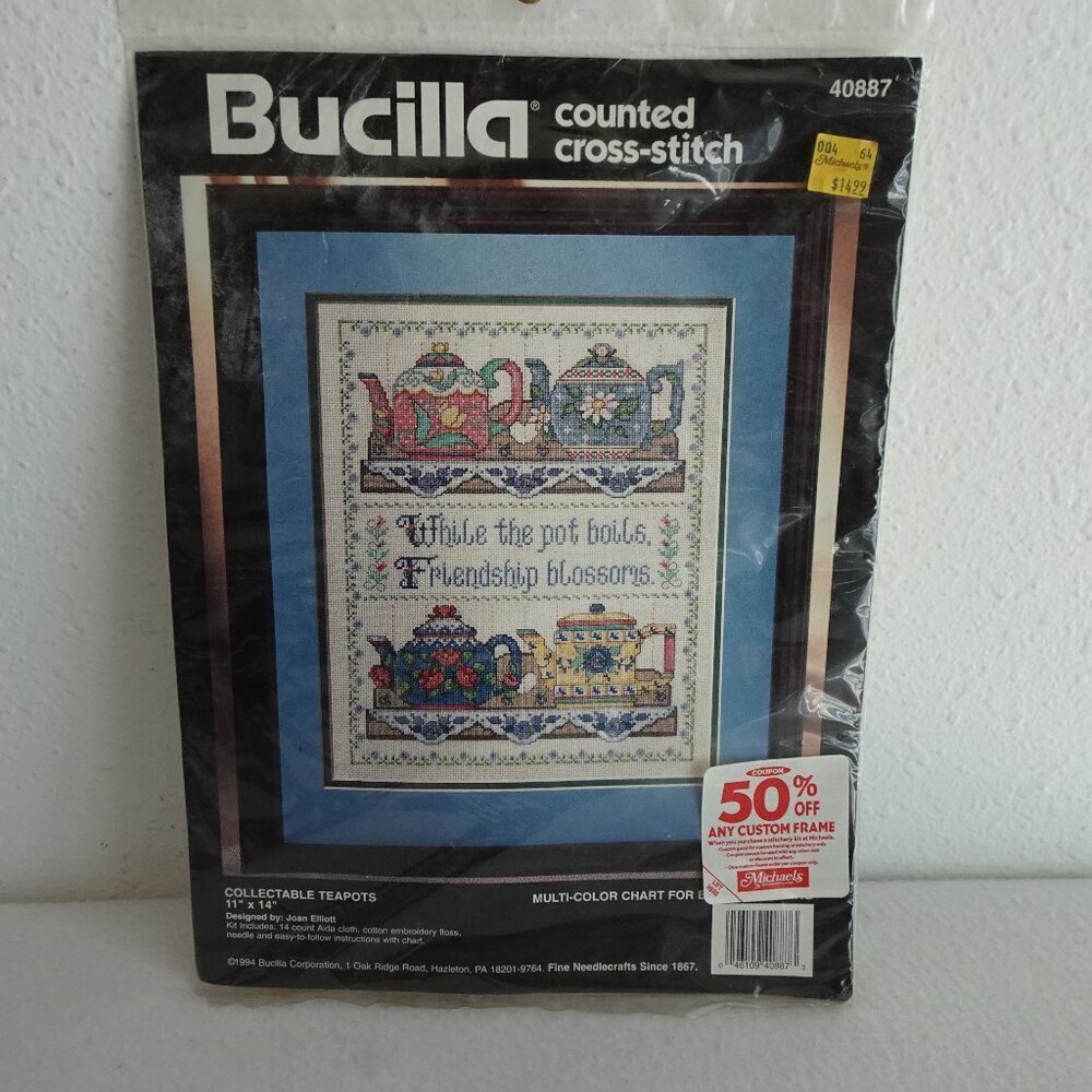 1994 Bucilla Counted Cross Stitch Collectable Teapots #40887 Friendship Blossoms